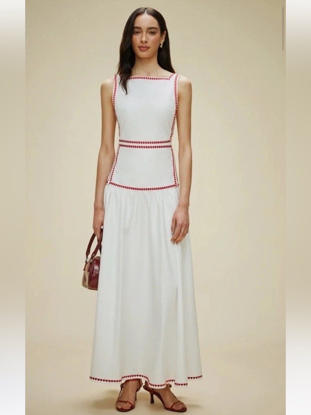Commense White Maxi Dress with Red Trim